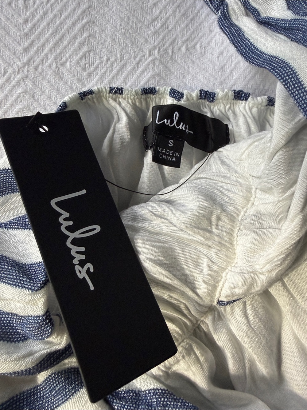 Striped Blue & White Wrap Romper - Picture 5 of 5